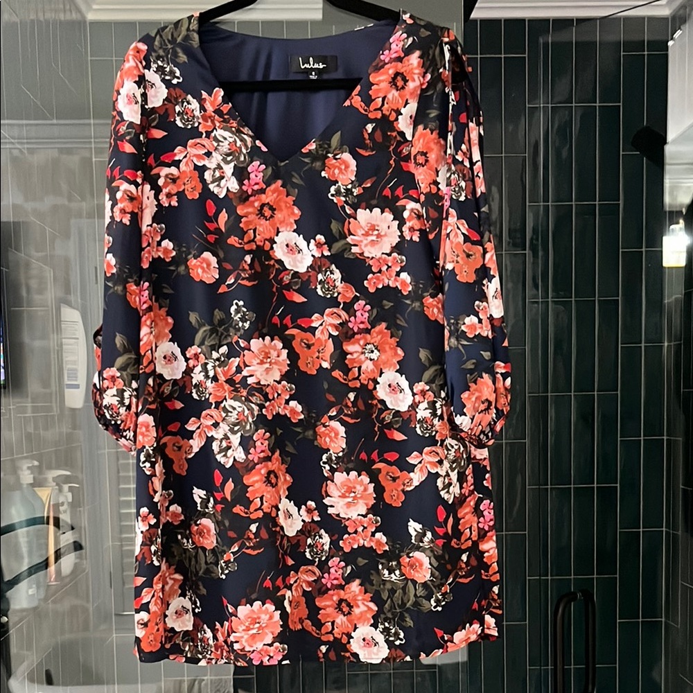 Lulu's Floral V-Neck Dress - Navy and Red